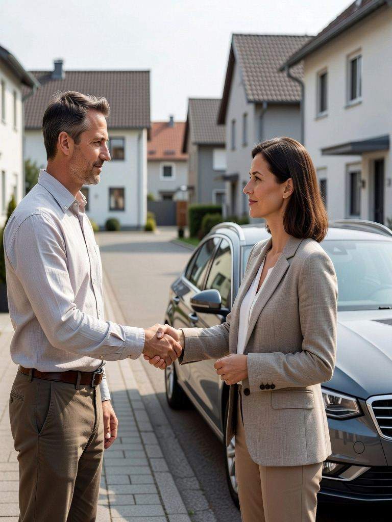 seriöser und geprüfter Autoankäufer mitten beim Vertragsabschluss in einer Wohngegend in Wiehl